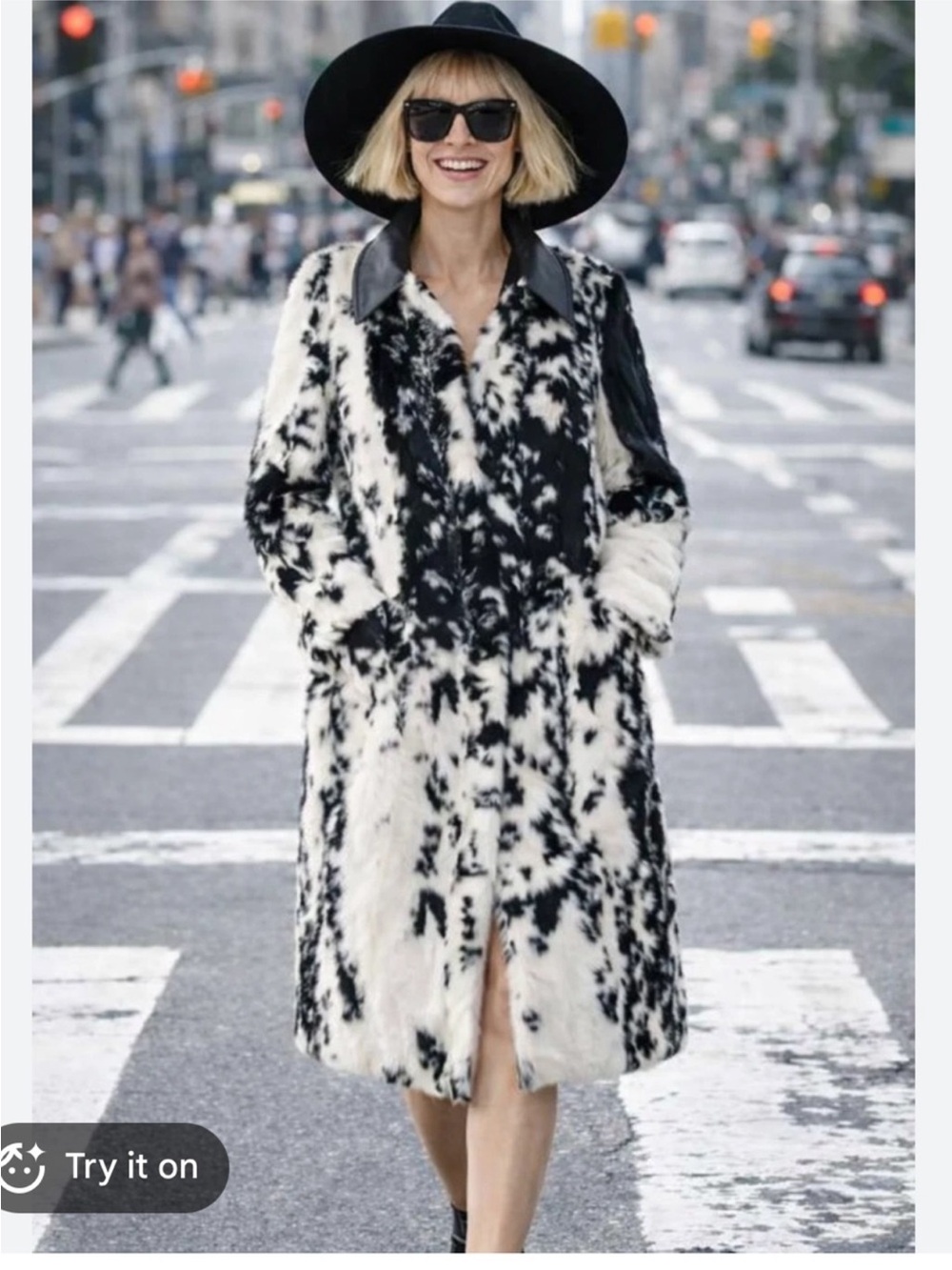 ZARA BLOGGERS FAVBlack & White Faux Fur Long Coat with Leather Collar